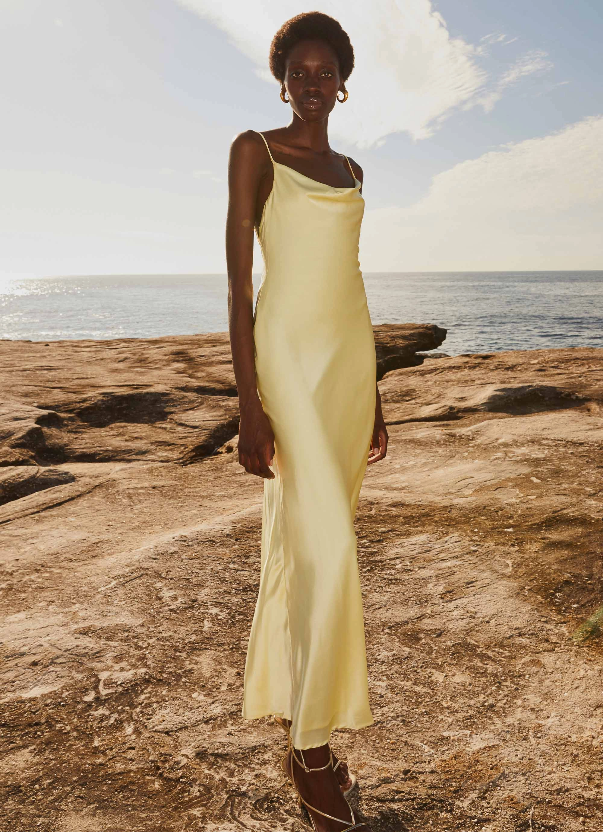 Vibrant color dress Cool Comfort Joanna Satin Maxi Dress - Lemon