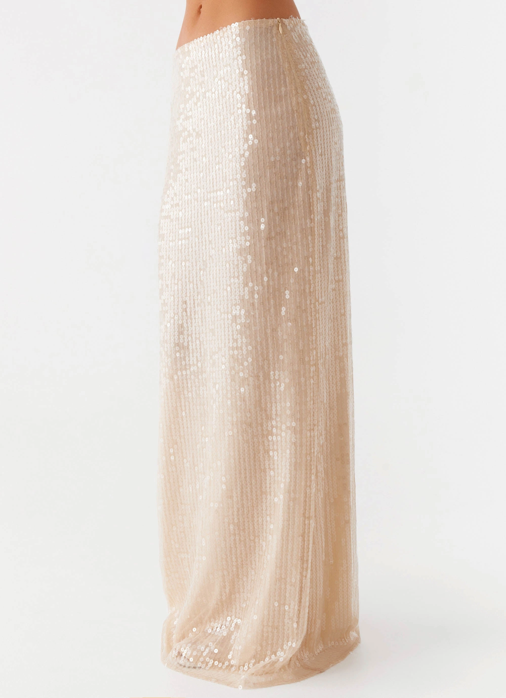 Wisteria Low Rise Sequin Maxi Skirt - Champagne Split hem Refined Mood