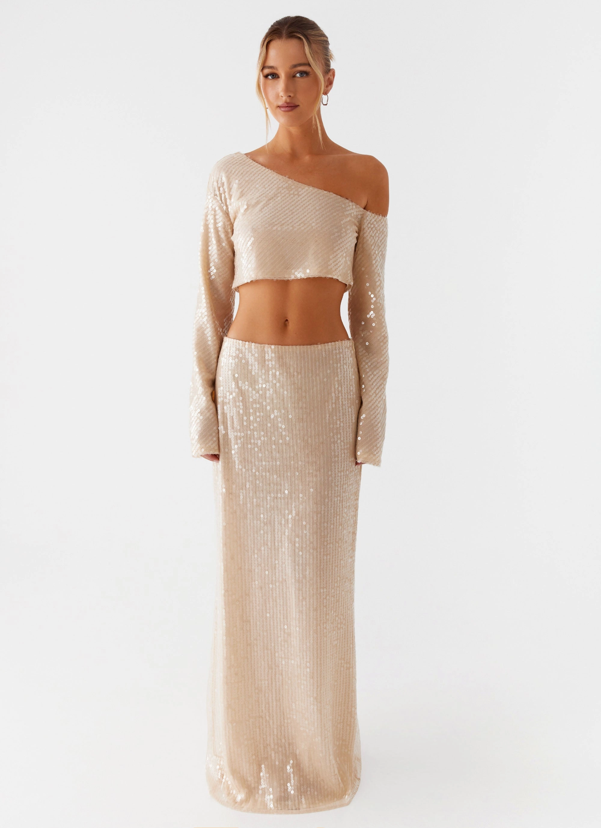 Wisteria Low Rise Sequin Maxi Skirt - Champagne Sheer Overlay