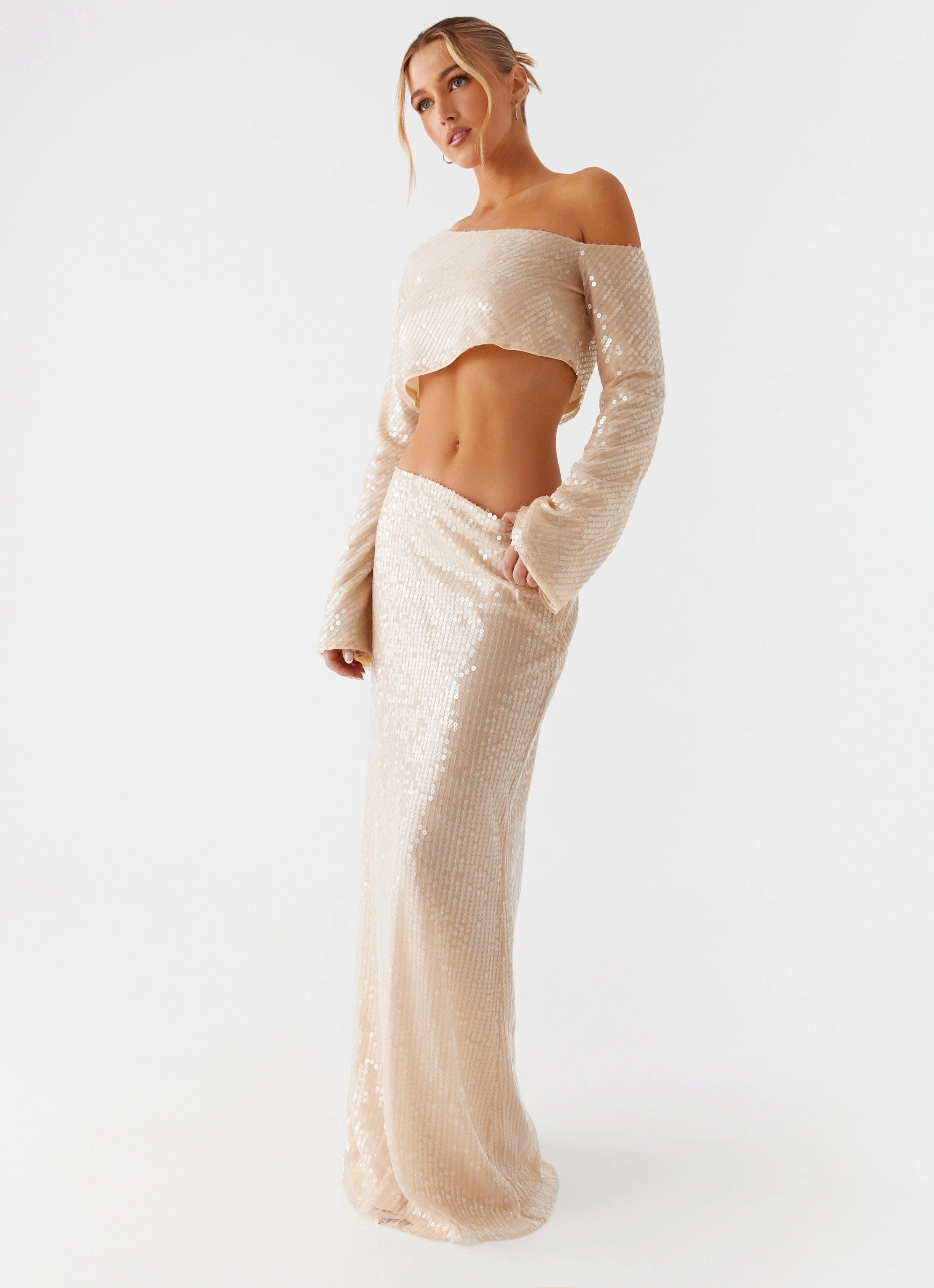 Chill Tones Wisteria Low Rise Sequin Maxi Skirt - Champagne