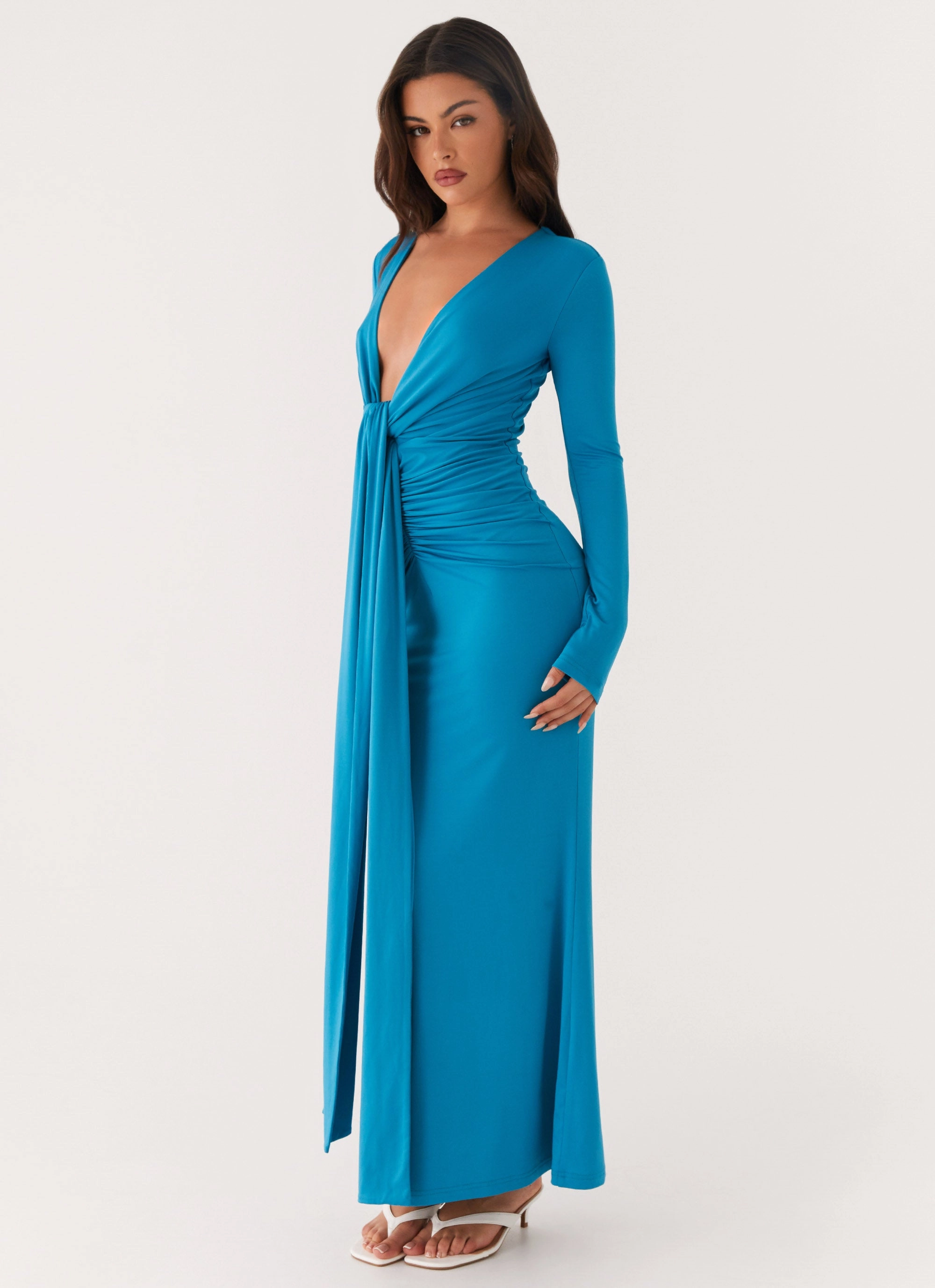 Miesha Long Sleeve Maxi Dress - Blue Adjustable-Straps Shine Finish