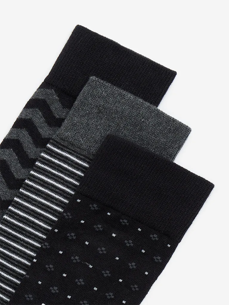 WES Lounge Black Striped Full Length Cotton-Blend Socks - Pack of 3