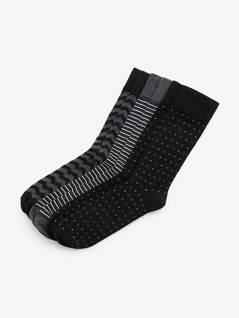 WES Lounge Black Striped Full Length Cotton-Blend Socks - Pack of 3