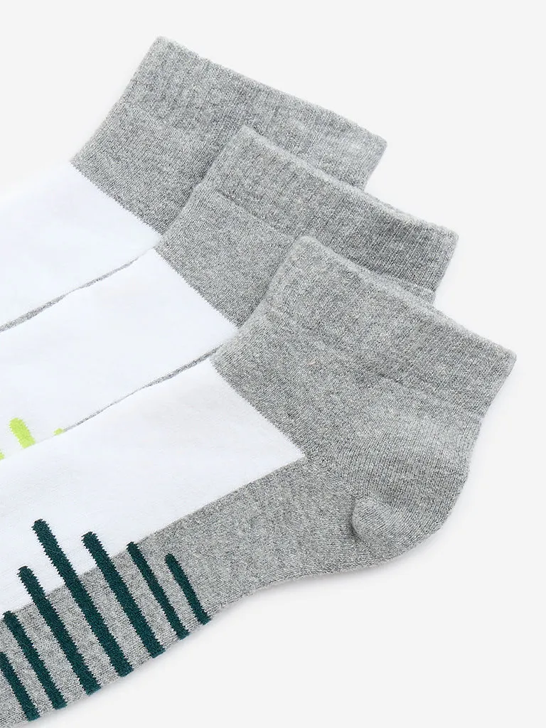 WES Lounge Grey Striped Ankle Length Cotton-Blend Socks - Pack of 3