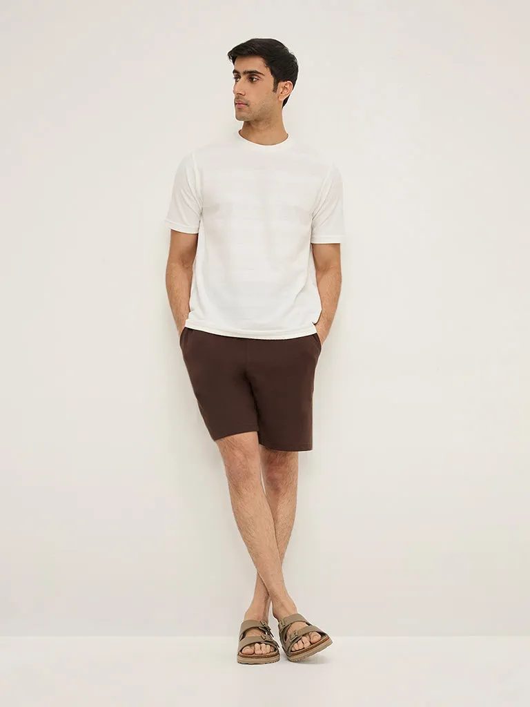 WES Lounge White Self-Patterned Relaxed-Fit Cotton T-Shirt