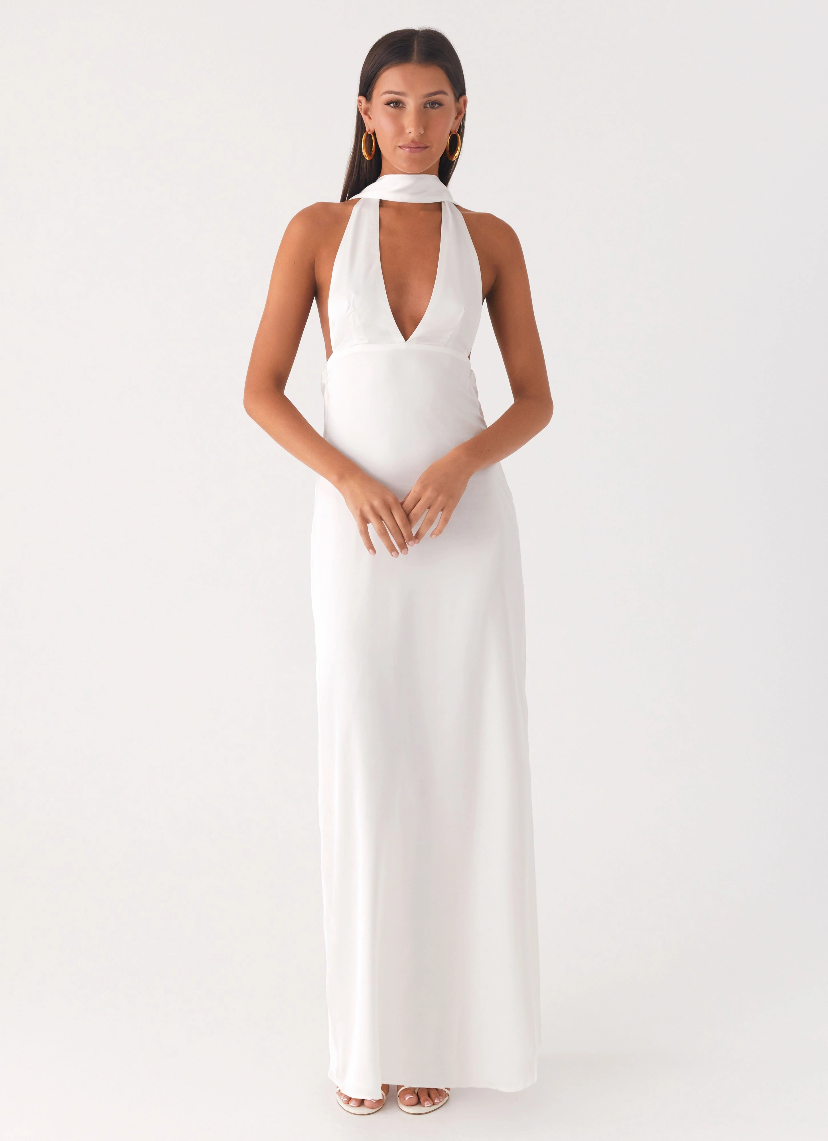 Festival-Ready Pleat Breeze Alicia Satin Halter Maxi Dress - White