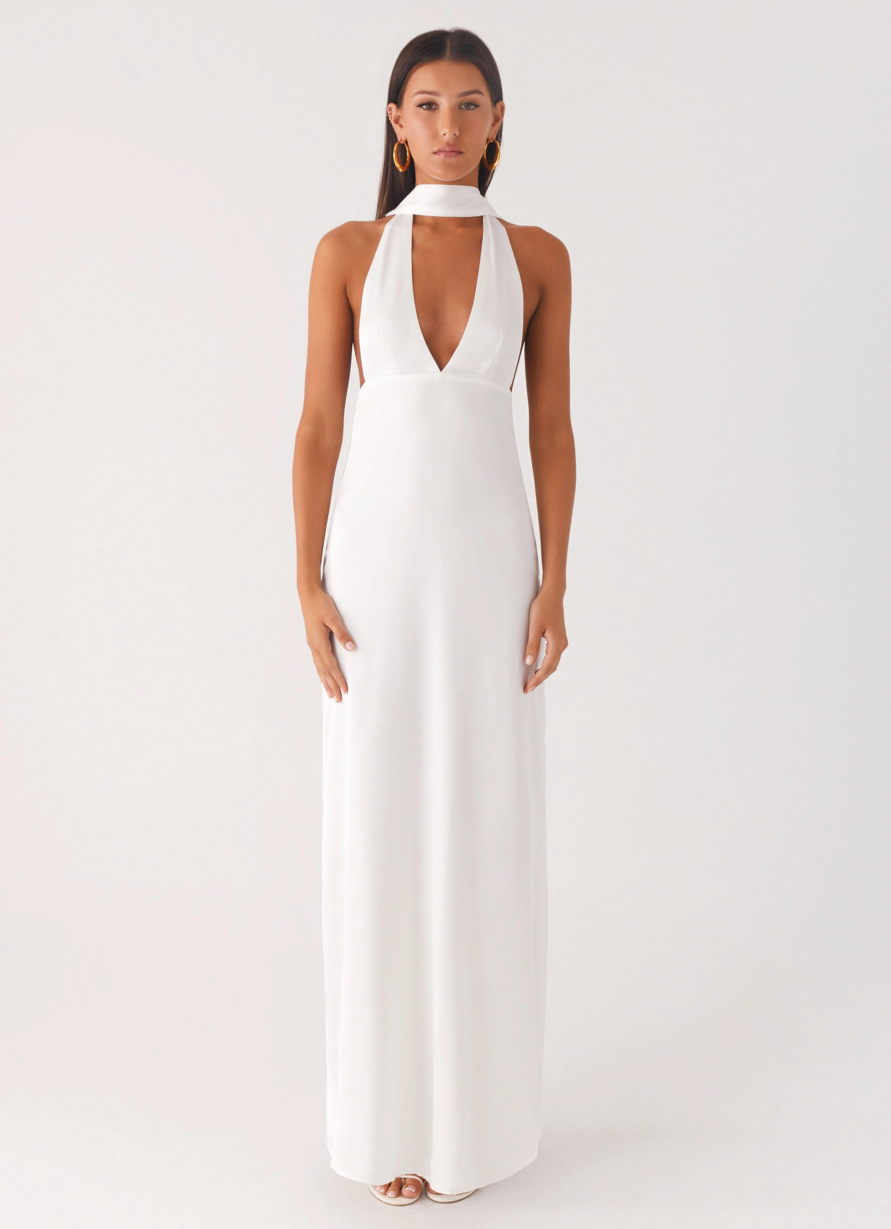 Alicia Satin Halter Maxi Dress - White Subtle Look Cool Comfort