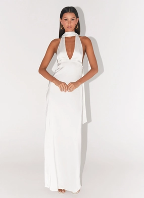 Textured Look Alicia Satin Halter Maxi Dress - White