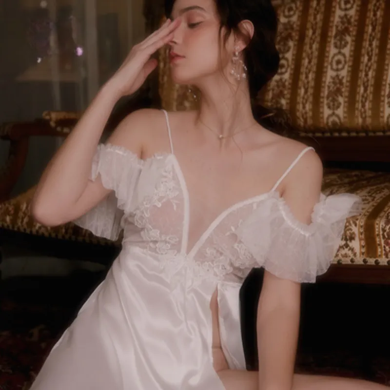 White Fairylike Silky Nightdress with High Slit