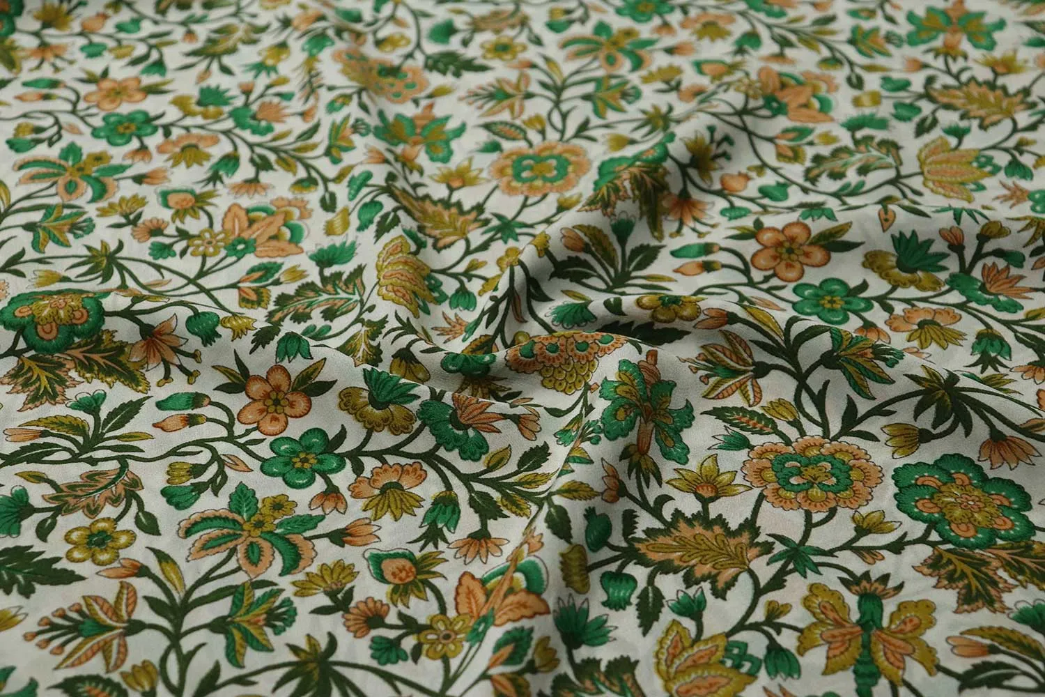 White With Floral Print Printed Silk Crepe Fabric