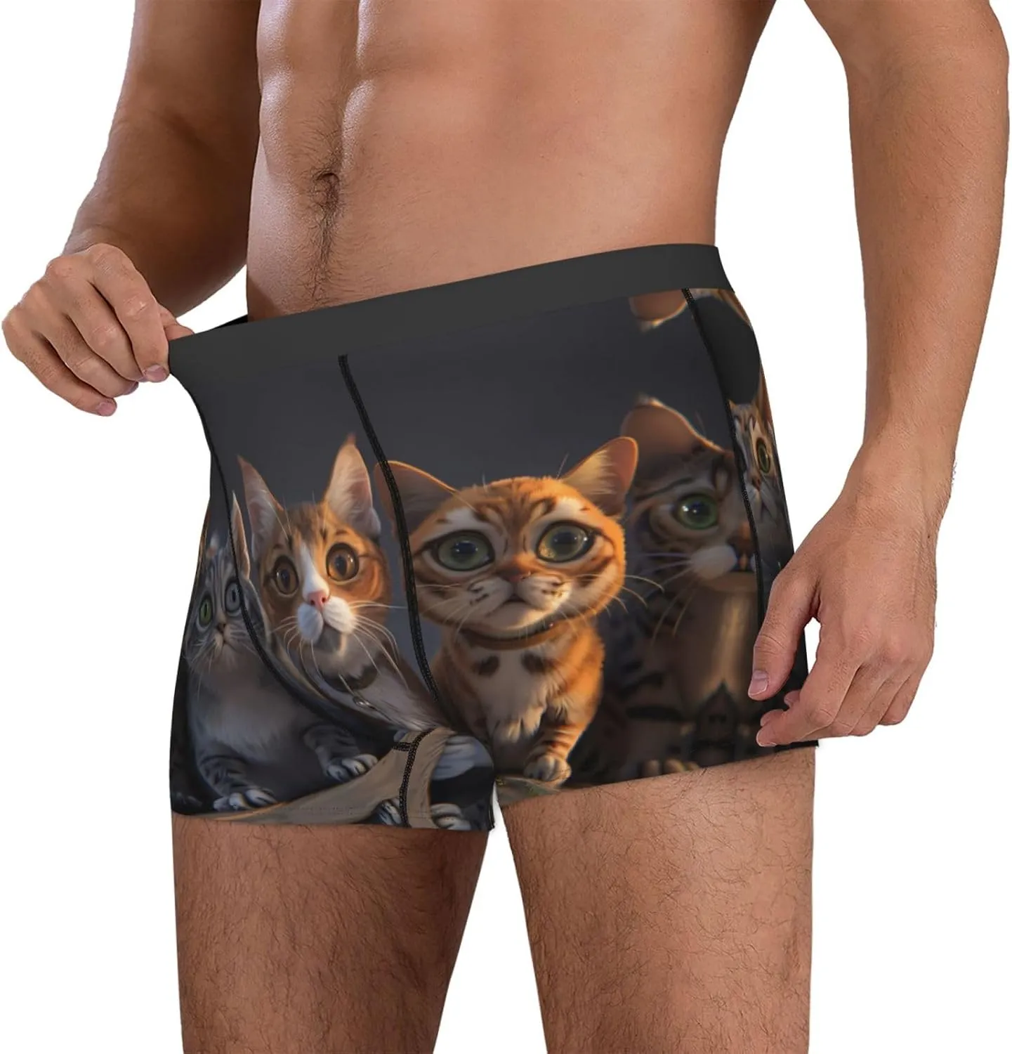 Wide Eyed Cartoon Cats Mens Underwear Boxer Briefs, Comfort Breathable Boxers For Men Regular