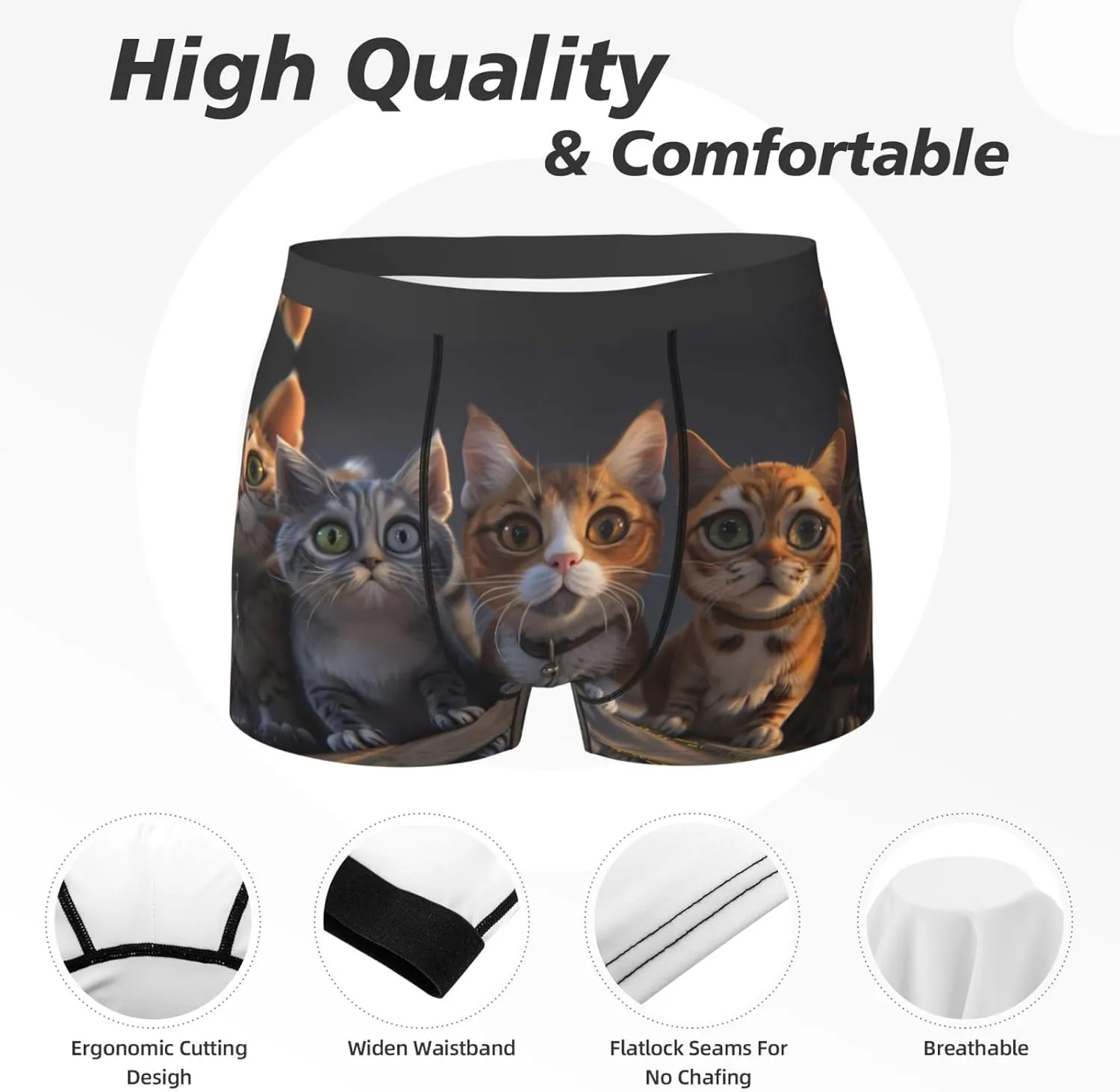 Wide Eyed Cartoon Cats Mens Underwear Boxer Briefs, Comfort Breathable Boxers For Men Regular