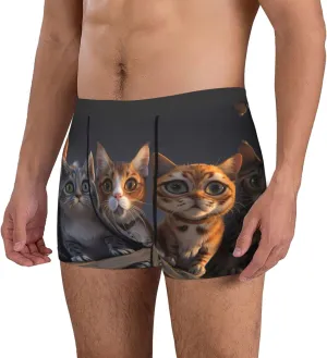 Wide Eyed Cartoon Cats Mens Underwear Boxer Briefs, Comfort Breathable Boxers For Men Regular