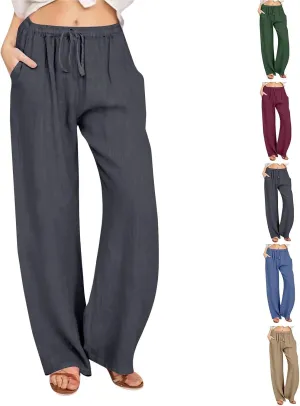 Wide Leg Linen Pants for Women Summer Boho Drawstring High Waist Casual Lounge Pant 2025 Beach Travel Vacation Outfits