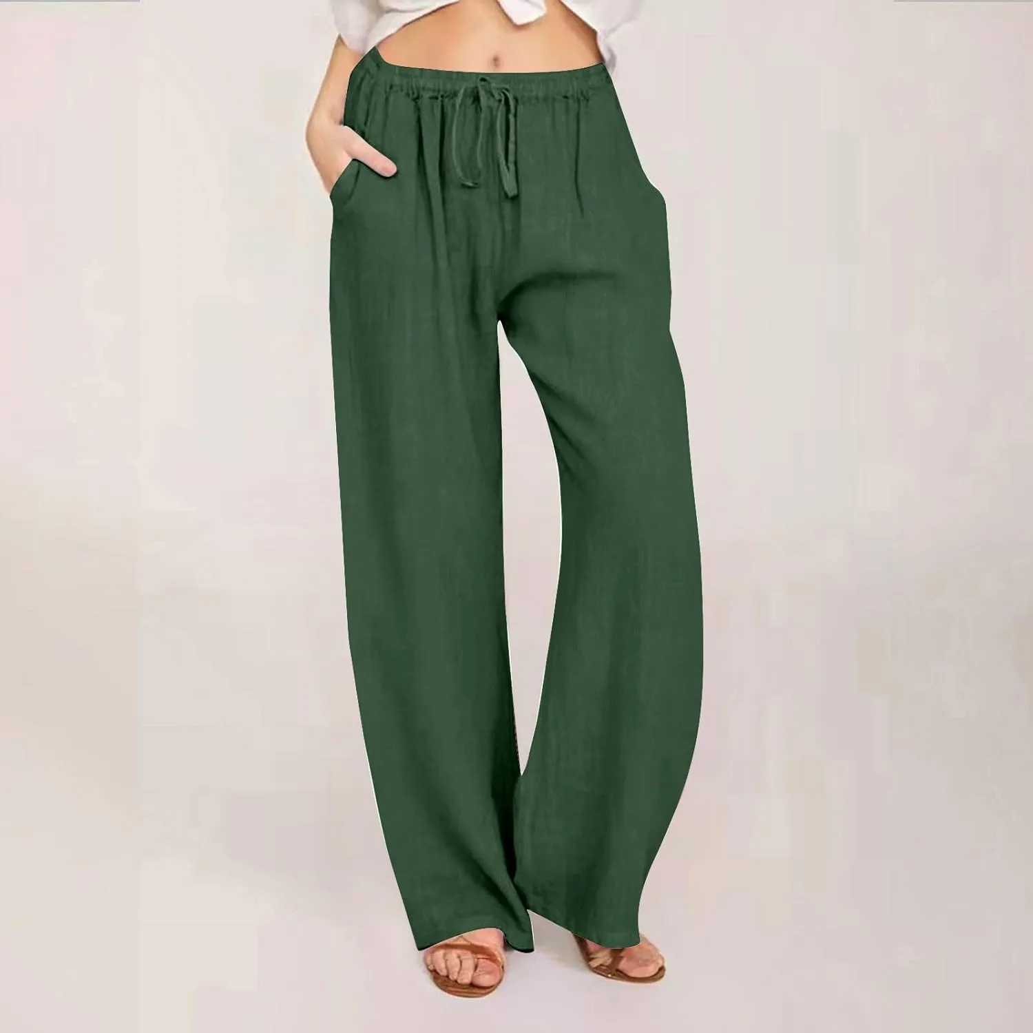 Wide Leg Linen Pants for Women Summer Boho Drawstring High Waist Casual Lounge Pant 2025 Beach Travel Vacation Outfits