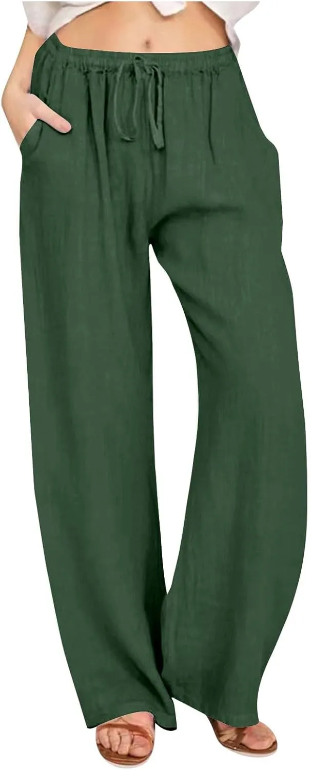 Wide Leg Linen Pants for Women Summer Boho Drawstring High Waist Casual Lounge Pant 2025 Beach Travel Vacation Outfits
