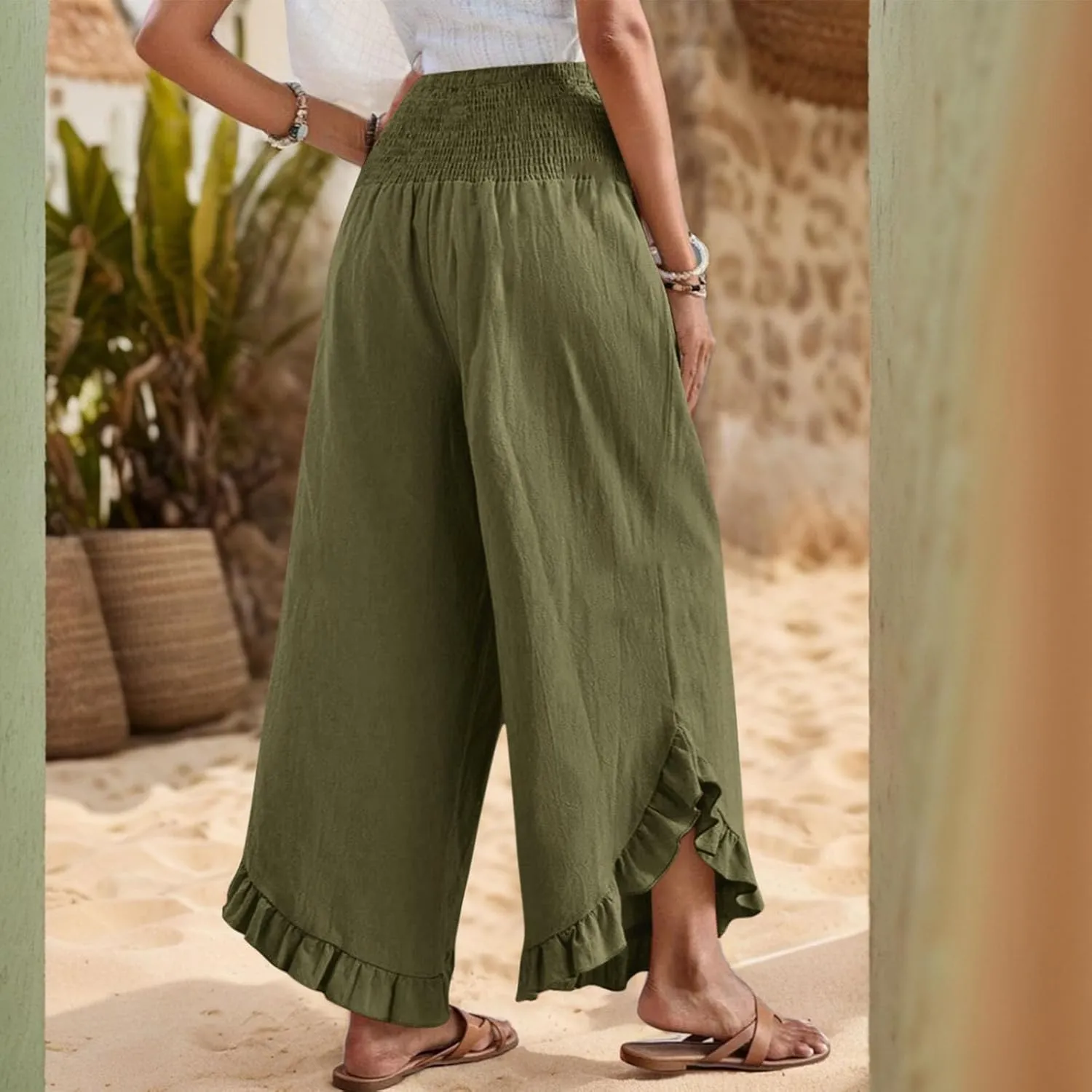 Wide Leg Linen Pants Women Boho High Waisted Ruffle Palazzo Pants Flowy Summer Resort Wear Vacation Beach Trousers