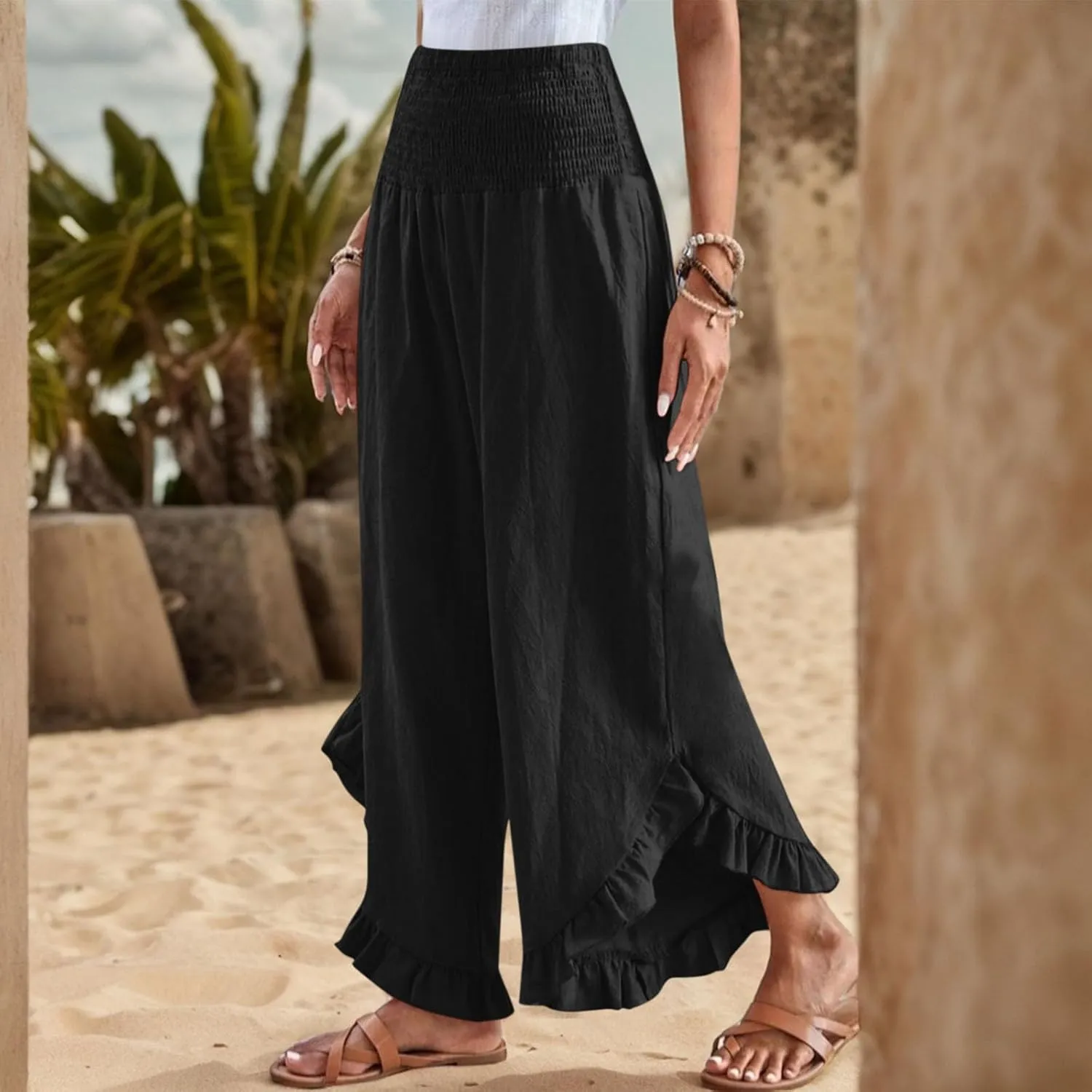 Wide Leg Linen Pants Women Boho High Waisted Ruffle Palazzo Pants Flowy Summer Resort Wear Vacation Beach Trousers