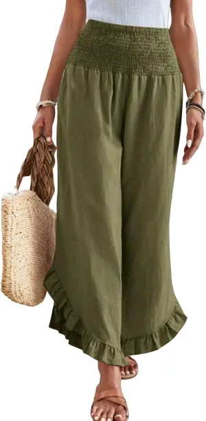 Wide Leg Linen Pants Women Boho High Waisted Ruffle Palazzo Pants Flowy Summer Resort Wear Vacation Beach Trousers