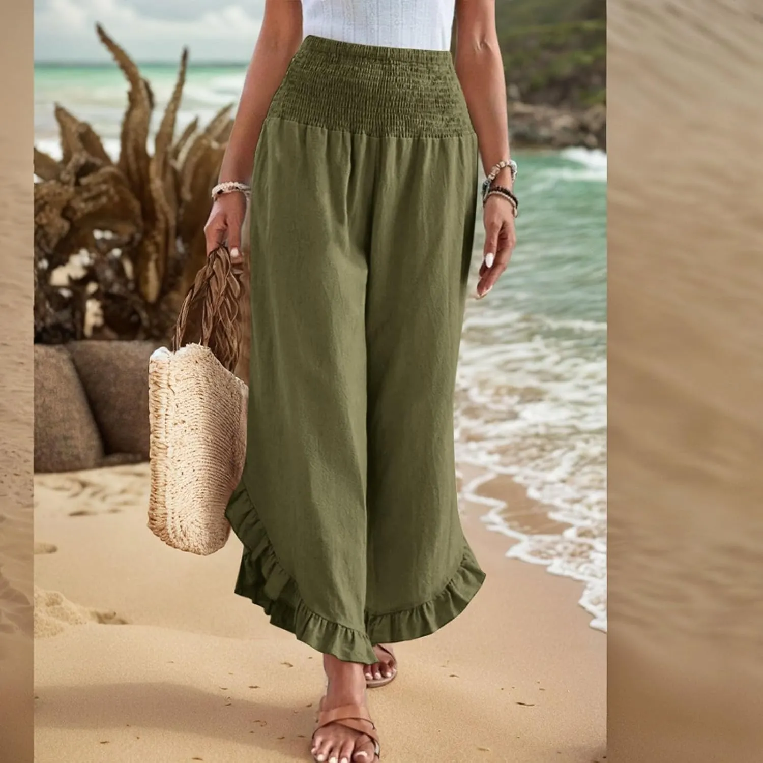 Wide Leg Linen Pants Women Boho High Waisted Ruffle Palazzo Pants Flowy Summer Resort Wear Vacation Beach Trousers