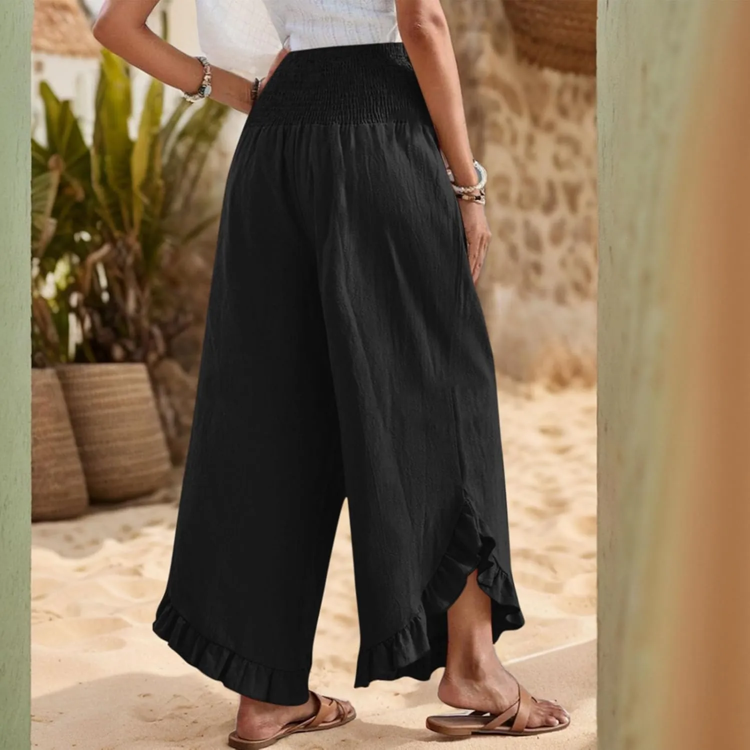 Wide Leg Linen Pants Women Boho High Waisted Ruffle Palazzo Pants Flowy Summer Resort Wear Vacation Beach Trousers