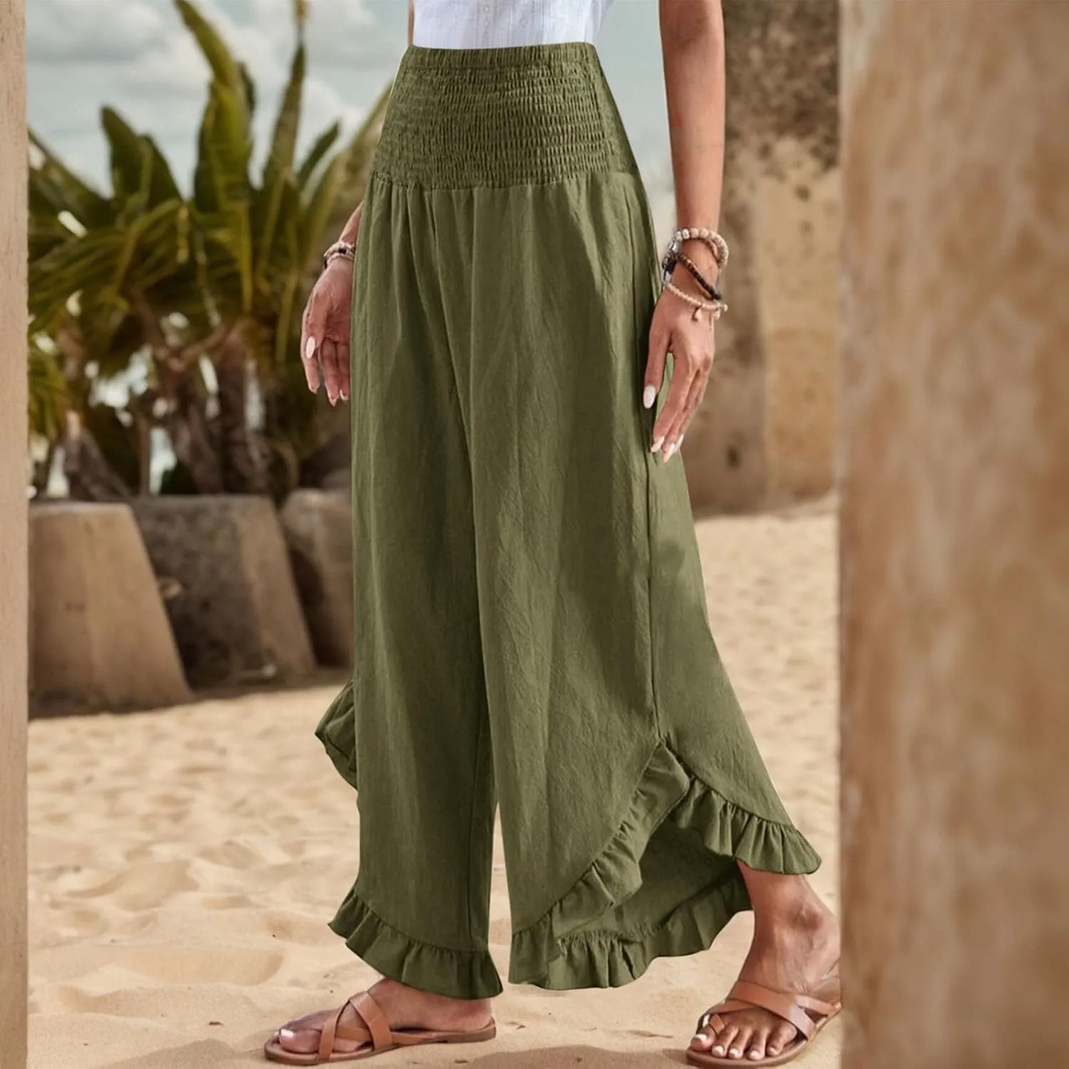 Wide Leg Linen Pants Women Boho High Waisted Ruffle Palazzo Pants Flowy Summer Resort Wear Vacation Beach Trousers
