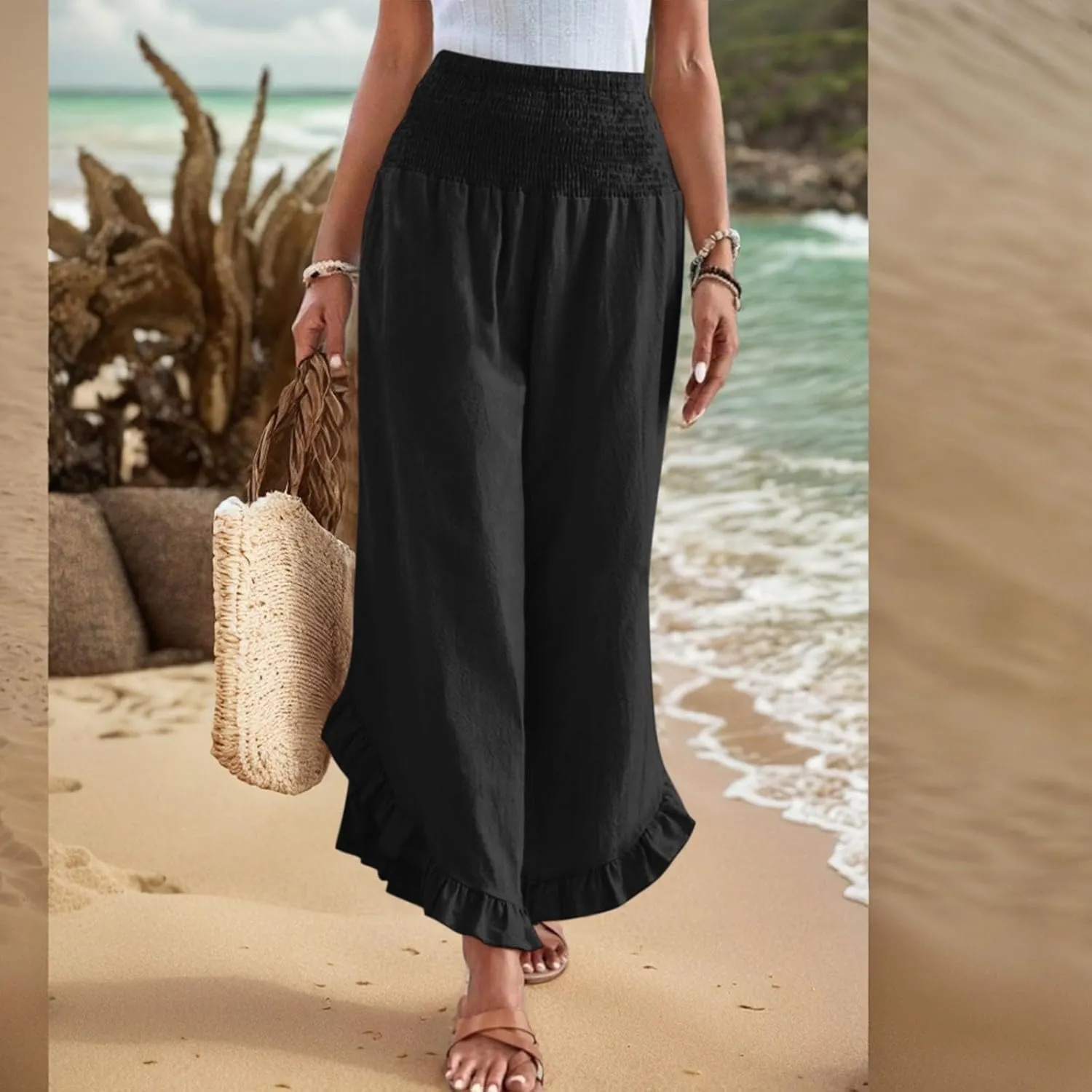 Wide Leg Linen Pants Women Boho High Waisted Ruffle Palazzo Pants Flowy Summer Resort Wear Vacation Beach Trousers