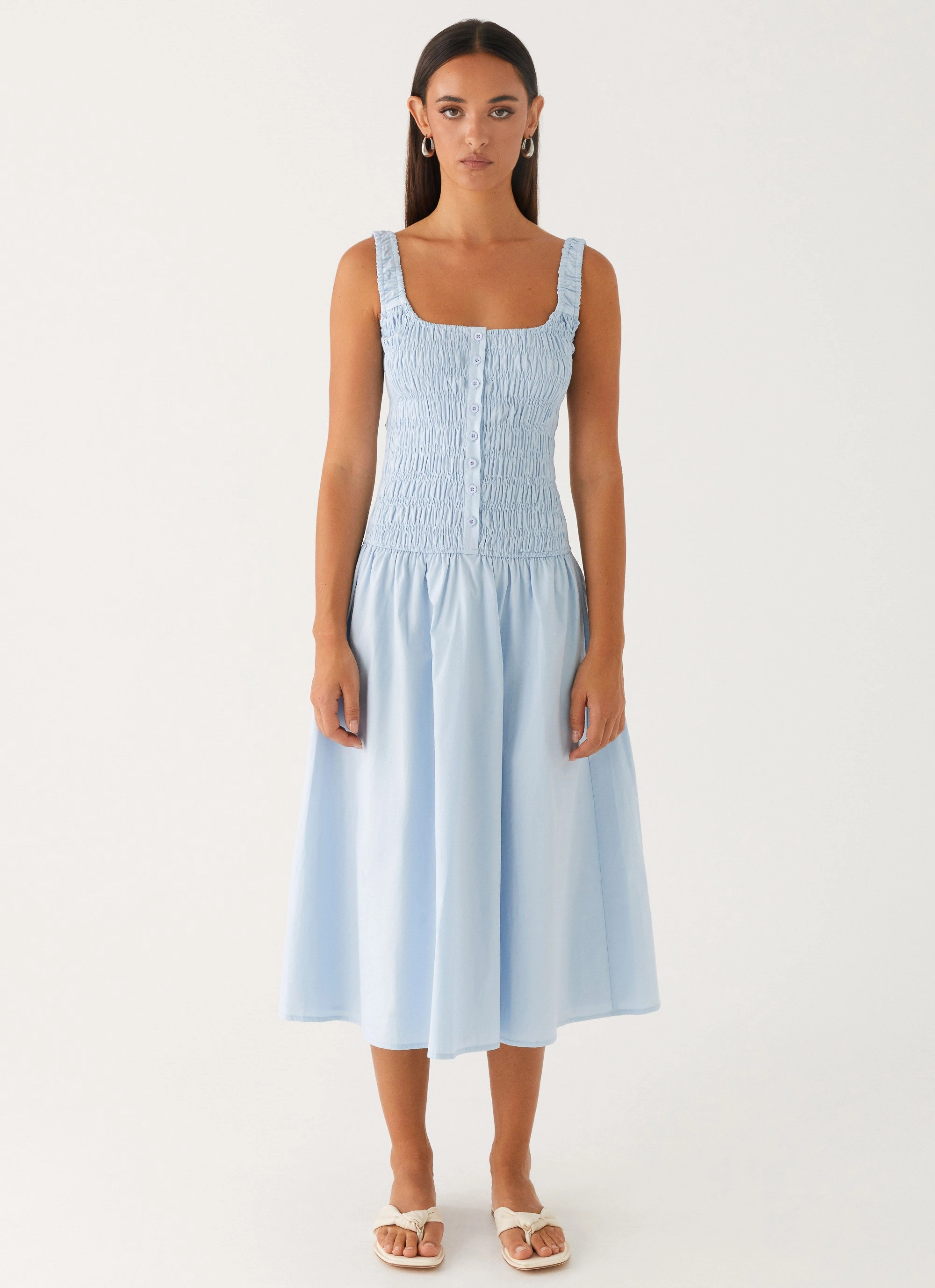 Soft Texture Gentle Flow Wildflower Midi Dress - Blue