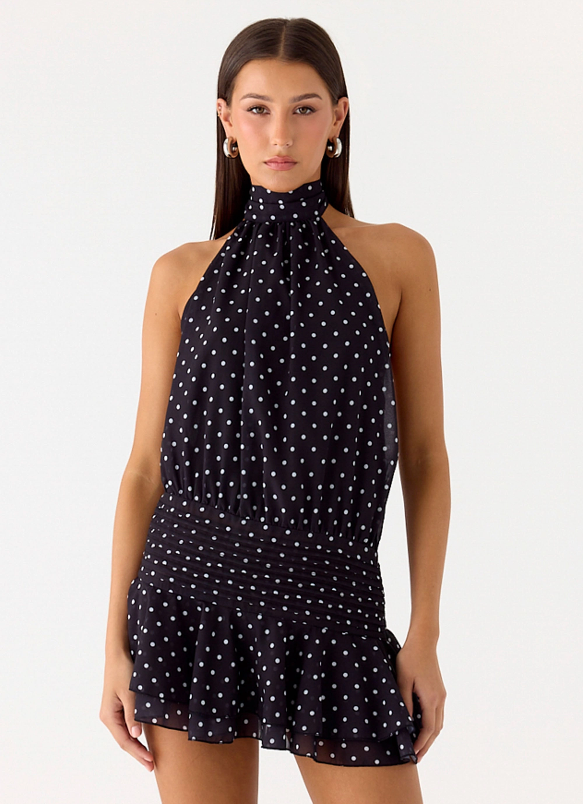 Willow Chiffon Mini Dress - Black Polkadot Euro Touch Everyday Layers