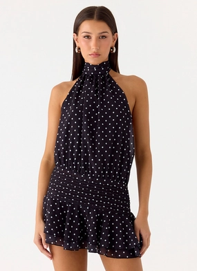 Willow Chiffon Mini Dress - Black Polkadot Euro Touch Everyday Layers