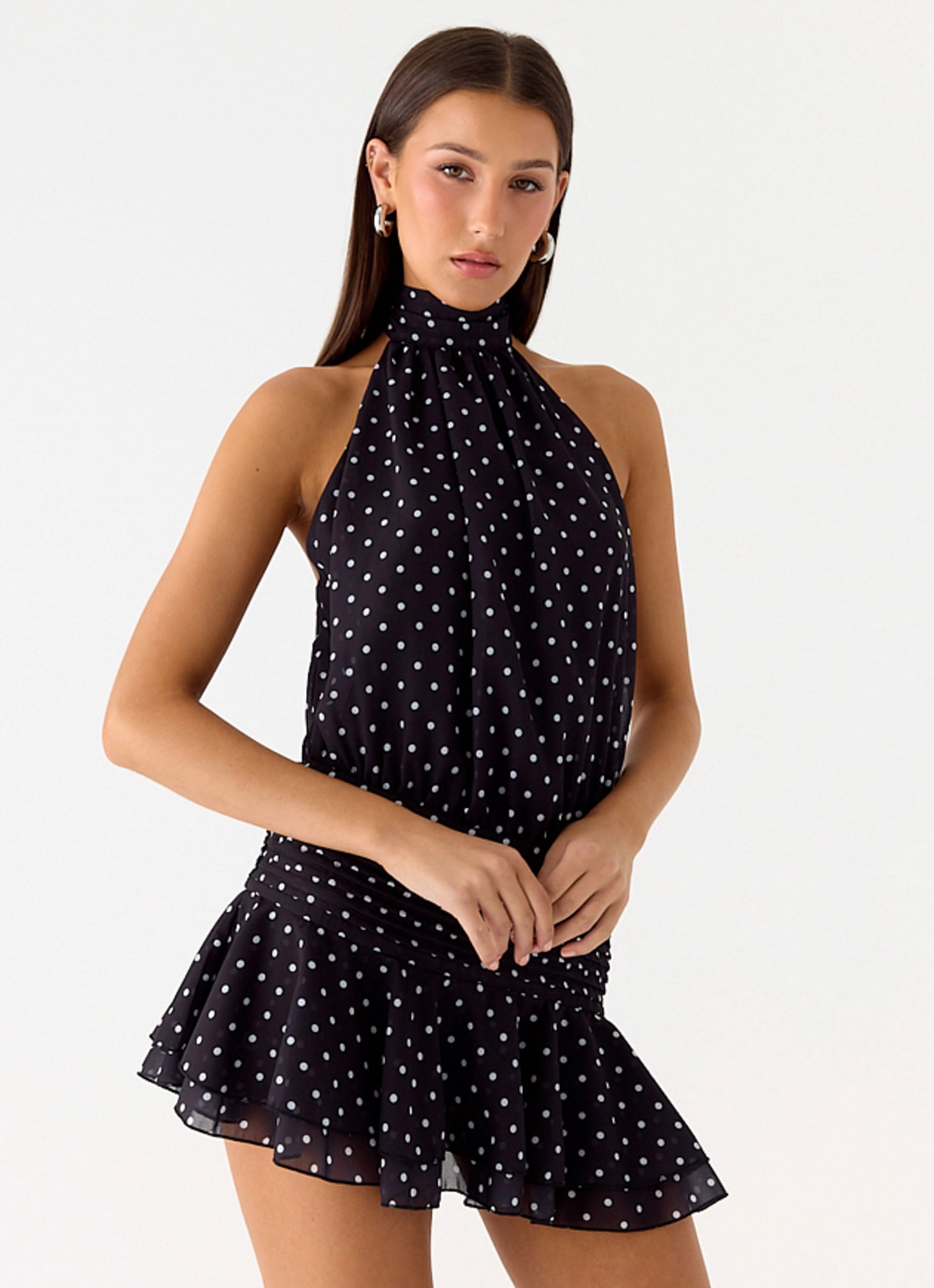 Festival Mood Shared Glow Willow Chiffon Mini Dress - Black Polkadot