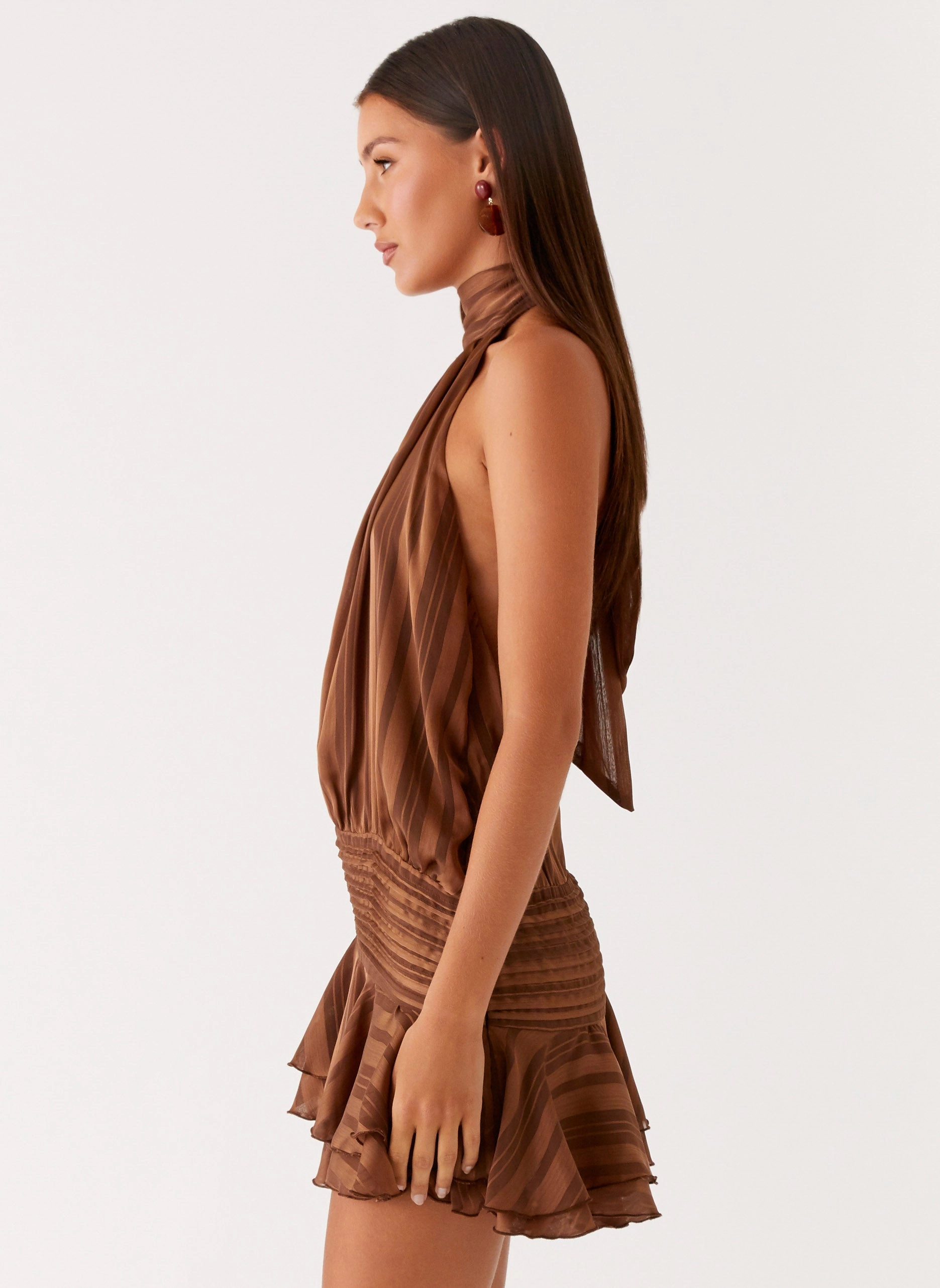 Willow Chiffon Mini Dress - Chocolate Flowy-Shape