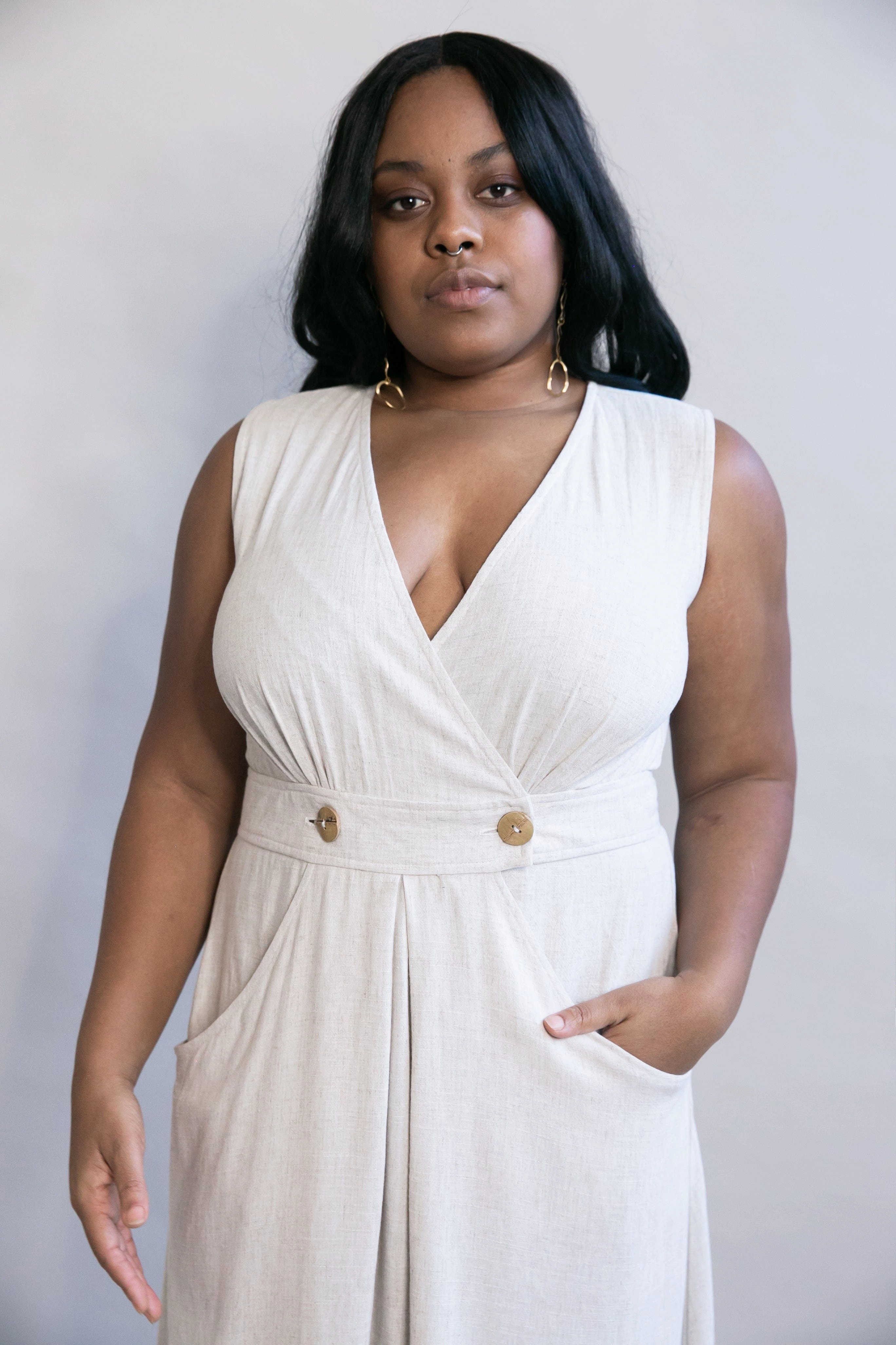 Shirred-Detail Winona Dress in Oat Linen