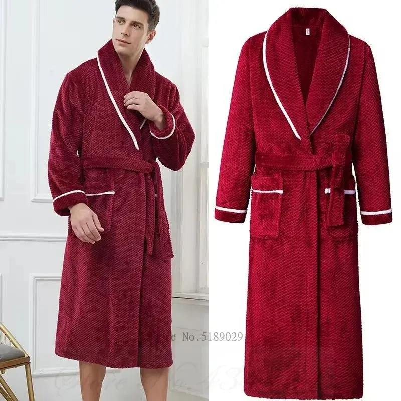 Winter Thicken Couple Flannel Long Robe Sleepwear Warm Men's Nightwear Bathrobe Gown Large Size Loose Coral Fleece Homewear 4XL
