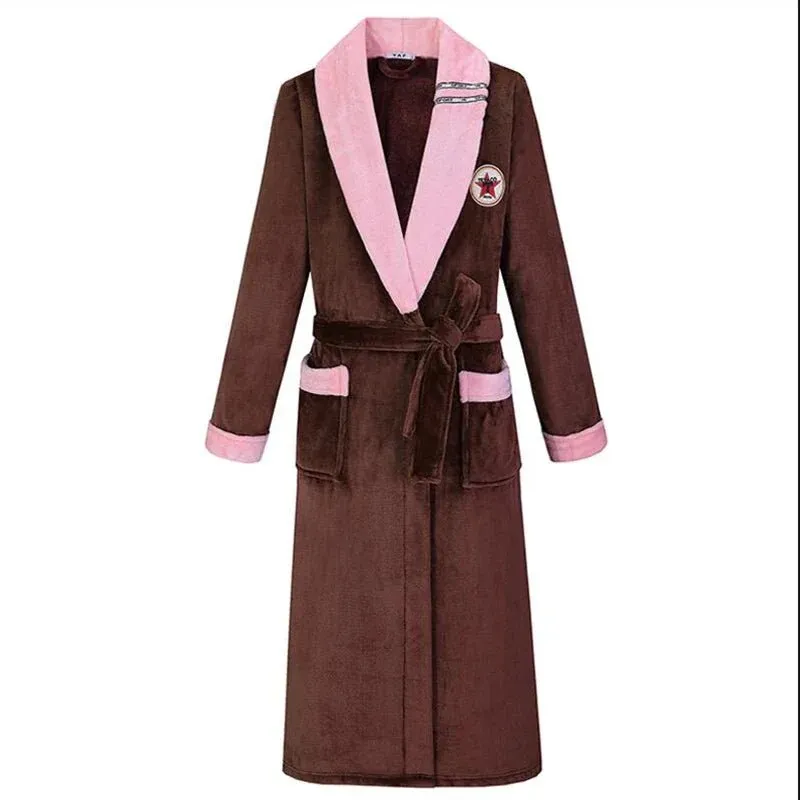Winter Thicken Couple Flannel Long Robe Sleepwear Warm Men's Nightwear Bathrobe Gown Large Size Loose Coral Fleece Homewear 4XL