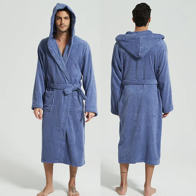 Wjczt Men Bathrobe Hooded 100% Cotton Thick Warm Towel Fleece Cotton Dressing Gowns Long Bath Robe Hotel Spa Soft Bridesmaid Robe