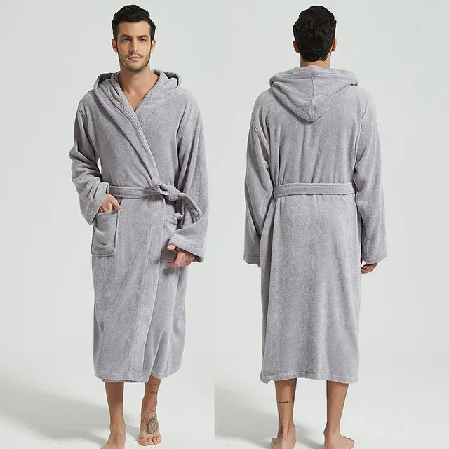 Wjczt Men Bathrobe Hooded 100% Cotton Thick Warm Towel Fleece Cotton Dressing Gowns Long Bath Robe Hotel Spa Soft Bridesmaid Robe