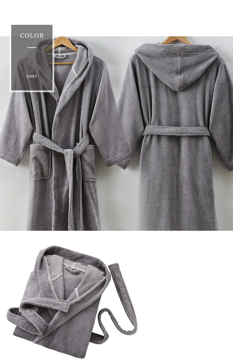 Wjczt Men Bathrobe Hooded 100% Cotton Thick Warm Towel Fleece Cotton Dressing Gowns Long Bath Robe Hotel Spa Soft Bridesmaid Robe