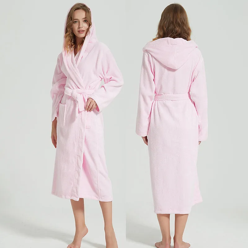 Wjczt Men Bathrobe Hooded 100% Cotton Thick Warm Towel Fleece Cotton Dressing Gowns Long Bath Robe Hotel Spa Soft Bridesmaid Robe