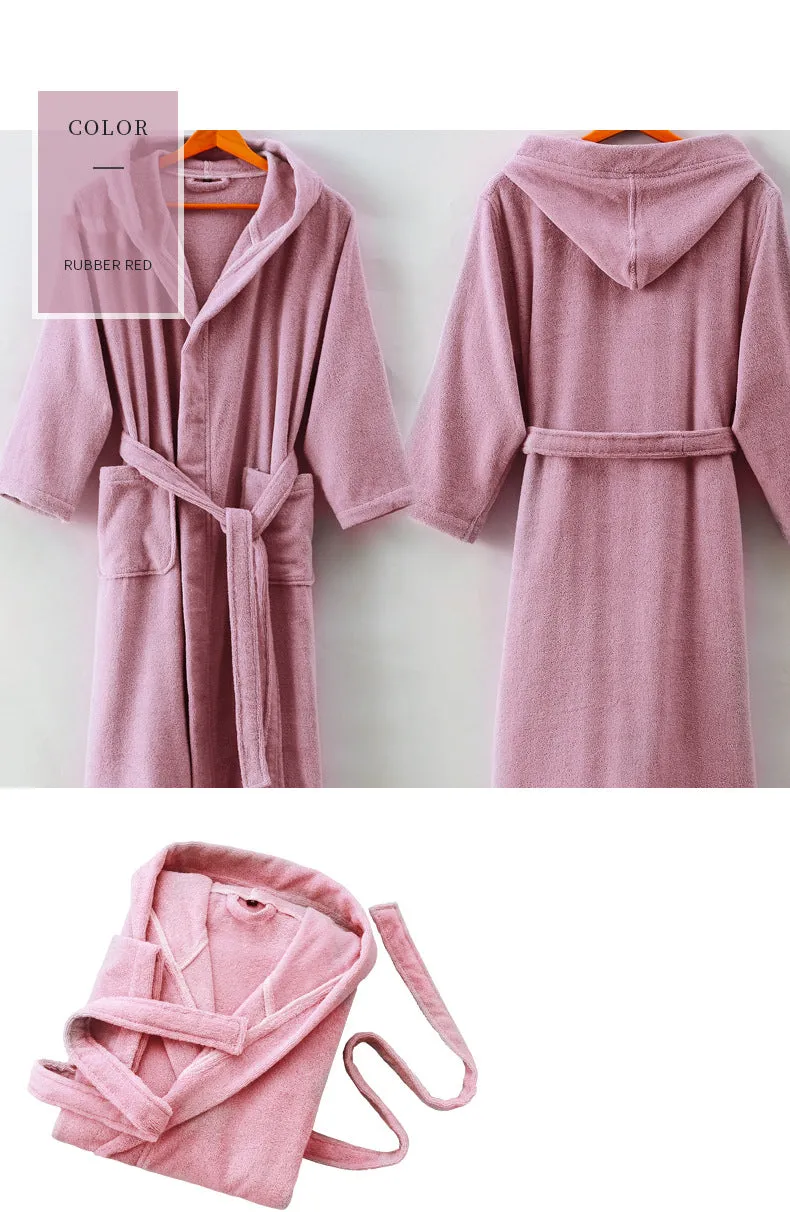 Wjczt Men Bathrobe Hooded 100% Cotton Thick Warm Towel Fleece Cotton Dressing Gowns Long Bath Robe Hotel Spa Soft Bridesmaid Robe