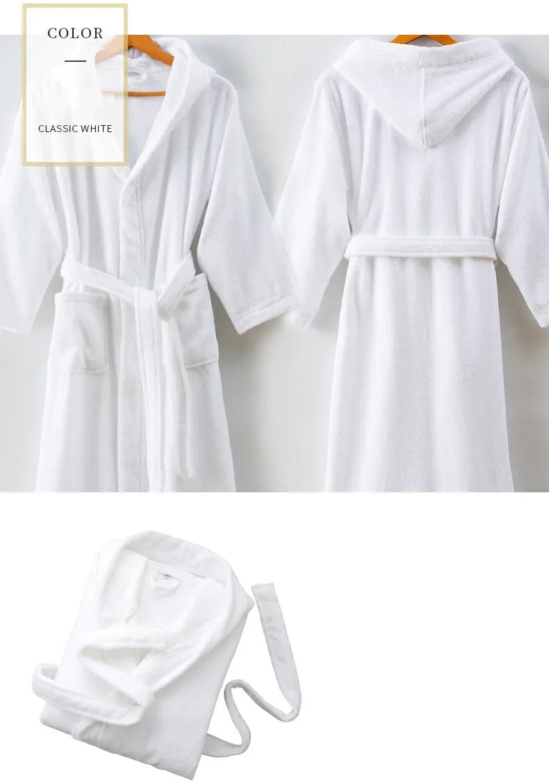 Wjczt Men Bathrobe Hooded 100% Cotton Thick Warm Towel Fleece Cotton Dressing Gowns Long Bath Robe Hotel Spa Soft Bridesmaid Robe