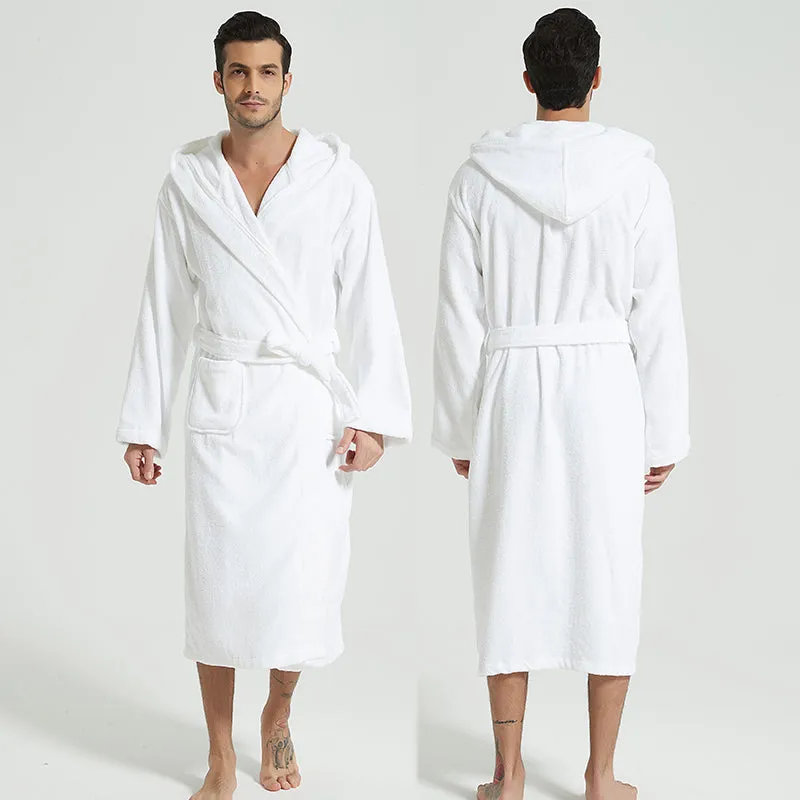 Wjczt Men Bathrobe Hooded 100% Cotton Thick Warm Towel Fleece Cotton Dressing Gowns Long Bath Robe Hotel Spa Soft Bridesmaid Robe