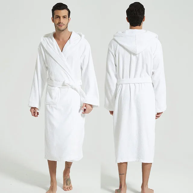 Wjczt Men Bathrobe Hooded 100% Cotton Thick Warm Towel Fleece Cotton Dressing Gowns Long Bath Robe Hotel Spa Soft Bridesmaid Robe
