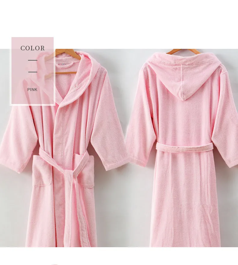 Wjczt Men Bathrobe Hooded 100% Cotton Thick Warm Towel Fleece Cotton Dressing Gowns Long Bath Robe Hotel Spa Soft Bridesmaid Robe