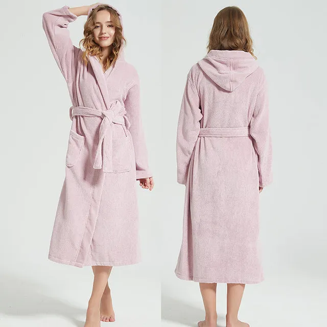 Wjczt Men Bathrobe Hooded 100% Cotton Thick Warm Towel Fleece Cotton Dressing Gowns Long Bath Robe Hotel Spa Soft Bridesmaid Robe