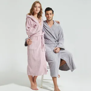 Wjczt Men Bathrobe Hooded 100% Cotton Thick Warm Towel Fleece Cotton Dressing Gowns Long Bath Robe Hotel Spa Soft Bridesmaid Robe