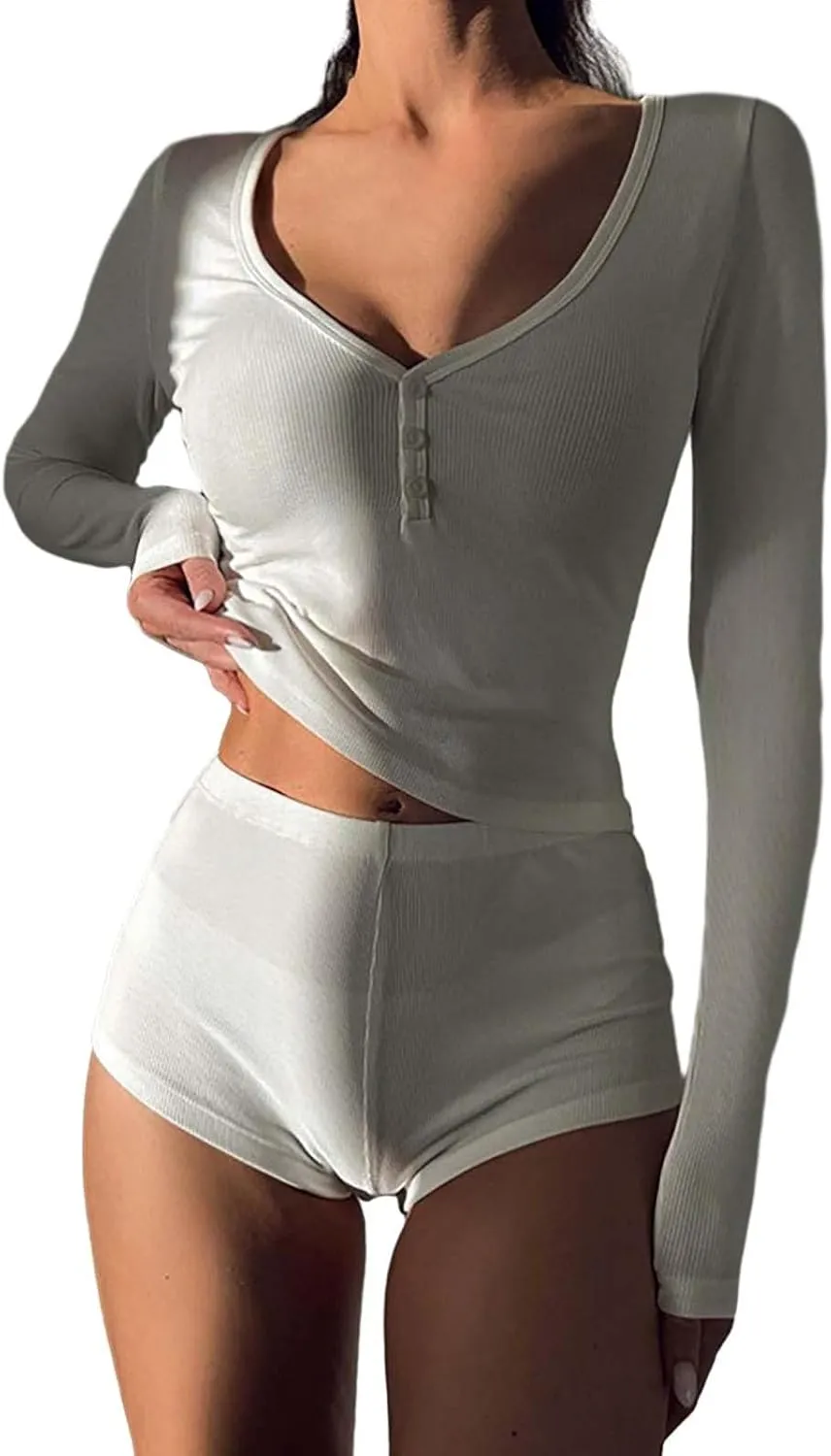 Women 2 Outfits Loungewear Sets Matching Solid Long Sleeve V Neck Button Shirt Crop Top And Shorts Set Pajamas Suit