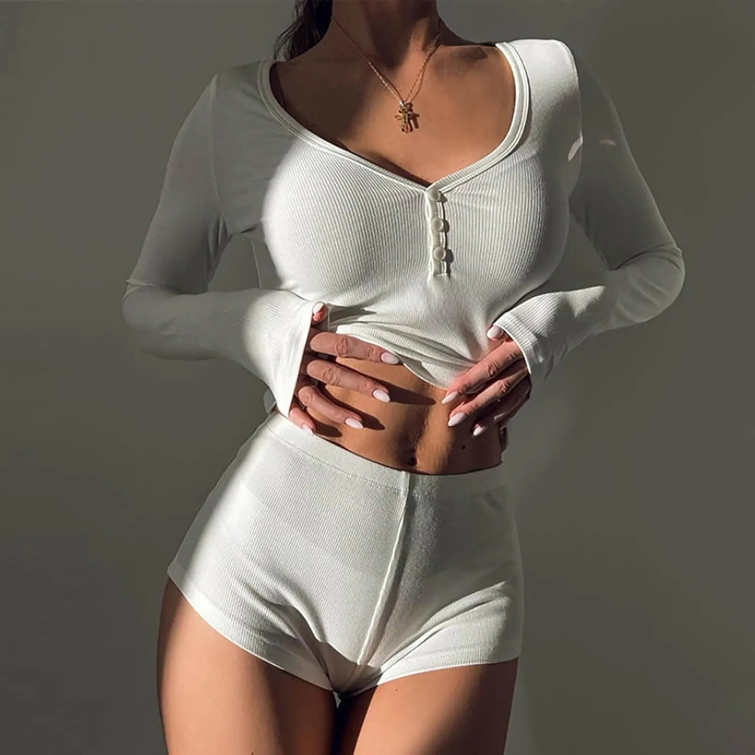Women 2 Outfits Loungewear Sets Matching Solid Long Sleeve V Neck Button Shirt Crop Top And Shorts Set Pajamas Suit