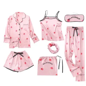 Women 7 Pieces Pajamas Sets Faux Silk Pajama Sets For Women
