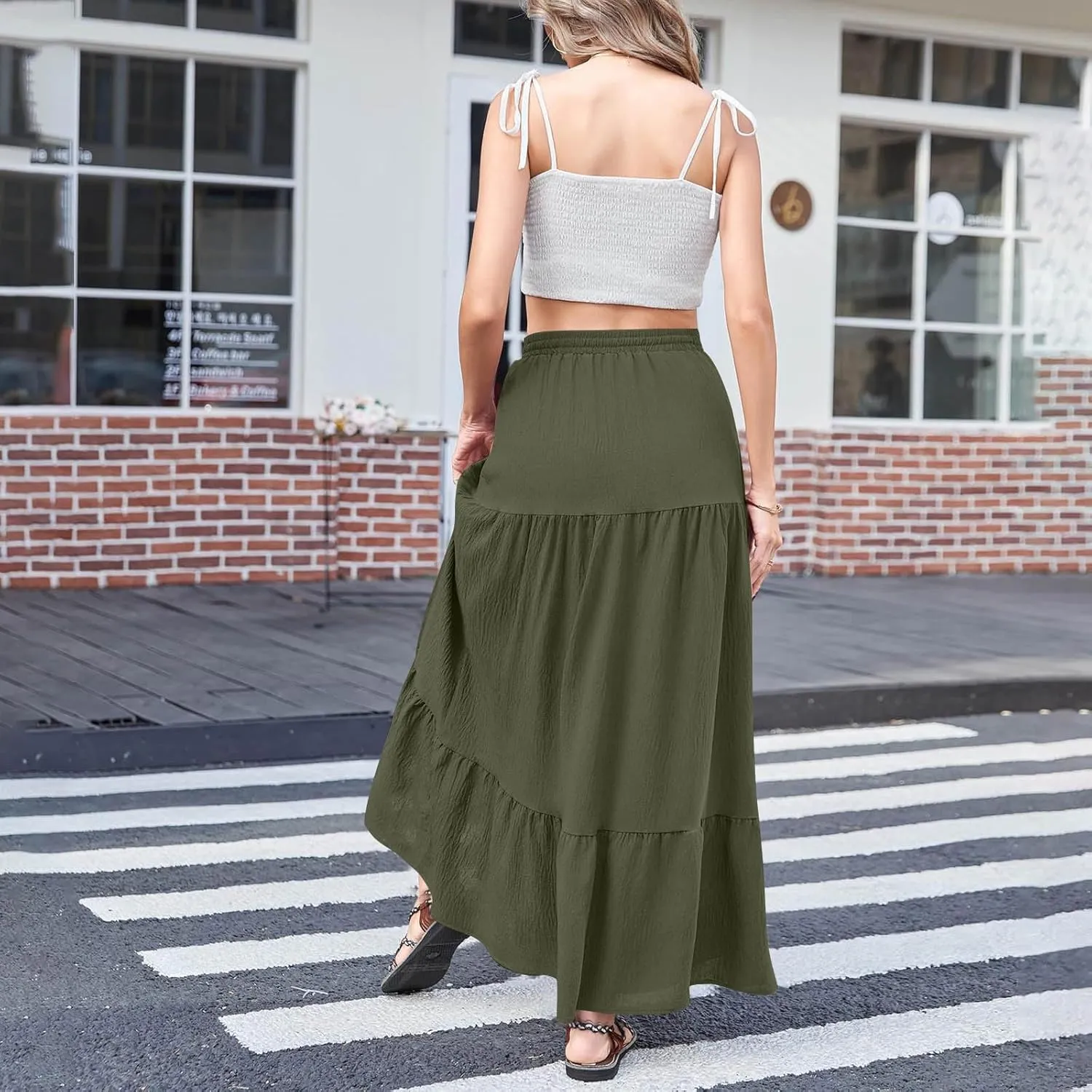 Women Boho Maxi Skirt Set Off Shoulder Ruffle Trim Ruched Crop Top and Flowy Slit Long Skirts 2 Piece Outfits Beach Wear